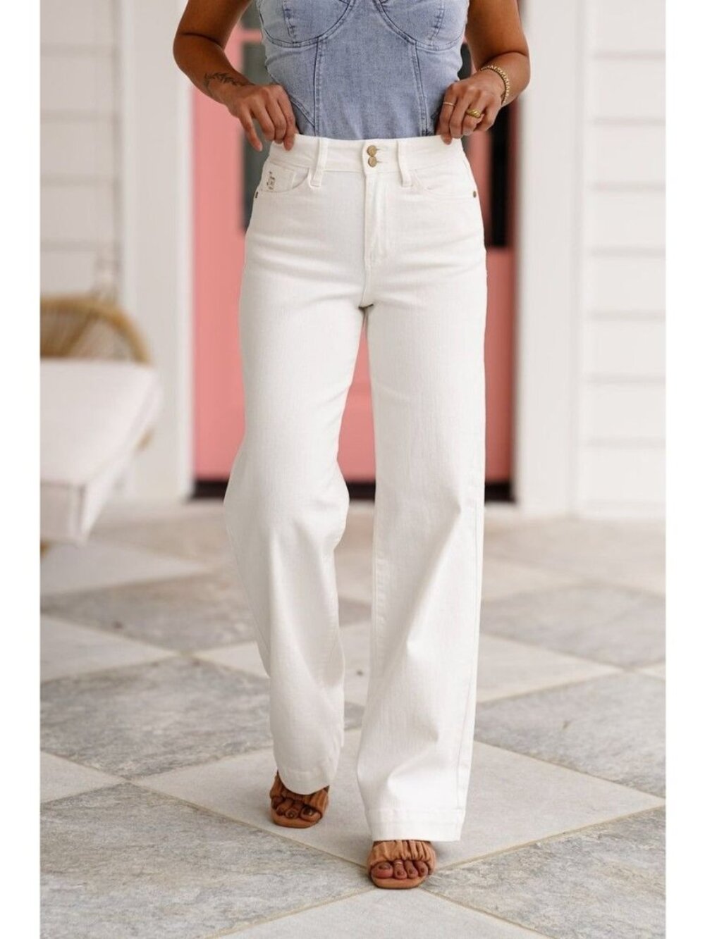 Judy Blue Womens Size 0 Wide-Leg Jeans High-Waisted White Trouser Denim JB88969